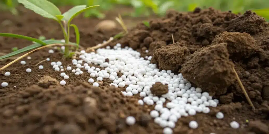 Realistic close-up of artificial fertilizer granules integrated into soil, illustrating both benefits and potential drawbacks.