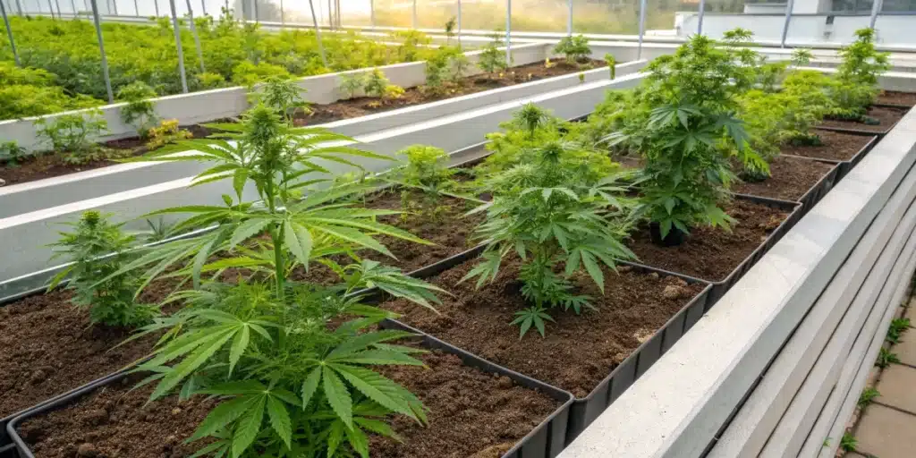 Realistic garden scene showing healthy plants growing in soil treated with artificial fertilizers, demonstrating their impact on growth.