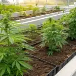 Realistic garden scene showing healthy plants growing in soil treated with artificial fertilizers, demonstrating their impact on growth.