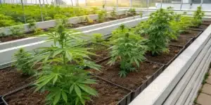 Realistic garden scene showing healthy plants growing in soil treated with artificial fertilizers, demonstrating their impact on growth.