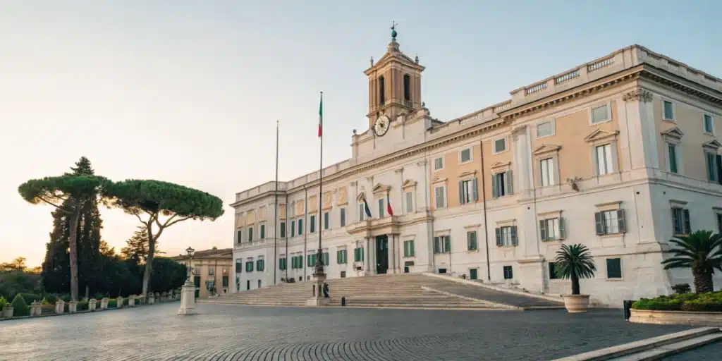 Realistic image of an Italian government building displaying legal cannabis signage, representing THC legal standards in Italy.