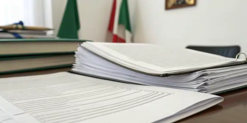 Realistic image of legal documents on cannabis regulations with an Italian flag, illustrating THC legal guidelines in Italy.