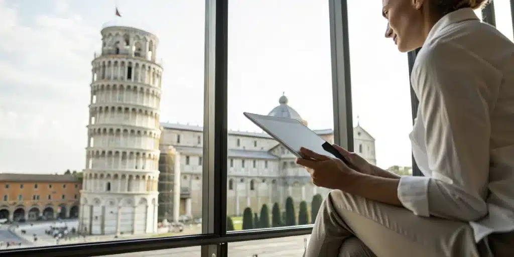 Realistic image of an individual checking THC legal updates on a tablet against an Italian landmark backdrop, symbolizing Italy's cannabis regulation.