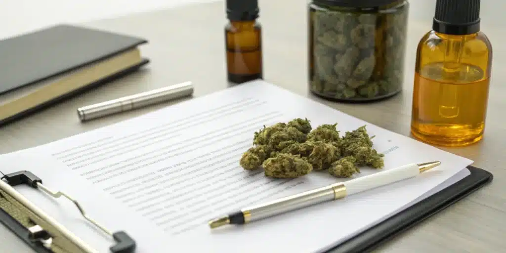 Realistic close-up of a legal certificate regarding THCA guidelines in New York, with cannabis products in the background.