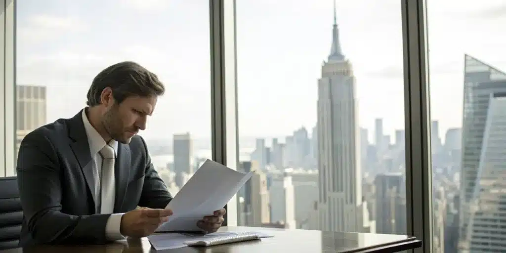 Realistic image of a legal expert examining THCA law documents in New York, emphasizing regulatory insights and compliance.