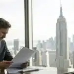 Realistic image of a legal expert examining THCA law documents in New York, emphasizing regulatory insights and compliance.