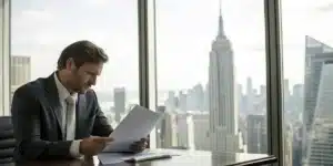 Realistic image of a legal expert examining THCA law documents in New York, emphasizing regulatory insights and compliance.