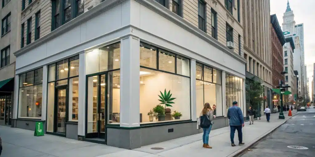 Realistic image of a New York dispensary with clear THCA legal information displayed on a sign.