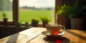 Steaming cup of cannabis leaf tea on a wooden table near window with green fields outside.