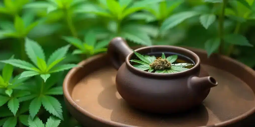 Clay teapot with cannabis leaves and buds for brewing herbal tea.