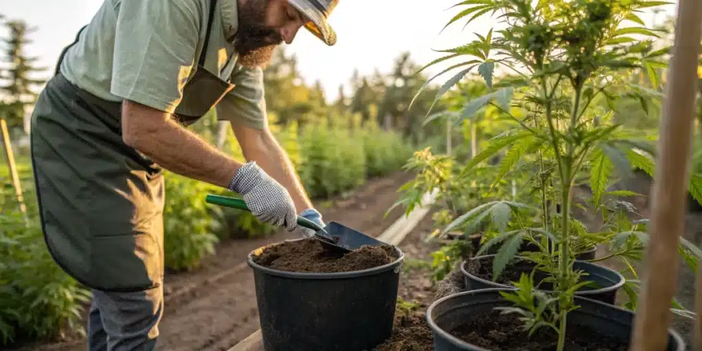 Realistic image capturing the post-transplant care of a cannabis plant, showing careful watering in a bright, thriving garden.