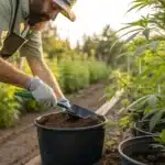 Realistic image capturing the post-transplant care of a cannabis plant, showing careful watering in a bright, thriving garden.
