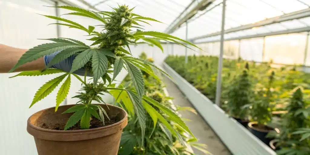 Realistic image showing a cannabis plant during transplantation, with visible roots and careful removal from its container.