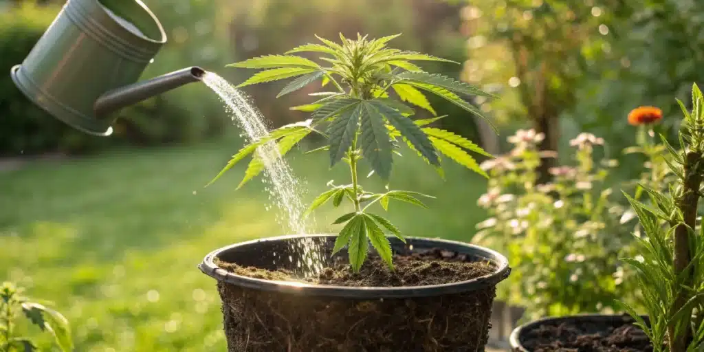 Realistic image of a grower preparing to transplant a cannabis plant using proper tools and fresh potting soil.