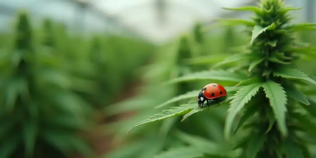 Single ladybird crawling on a cannabis plant in greenhouse.