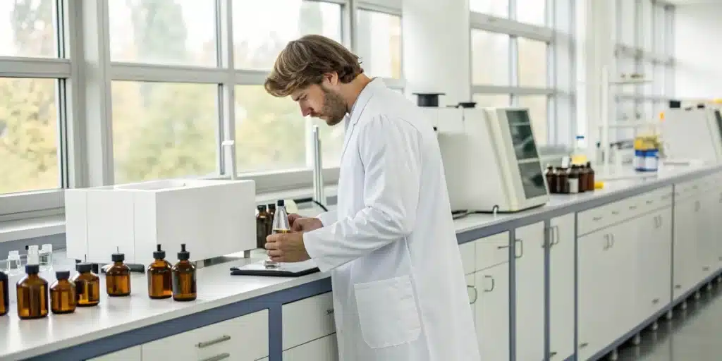 Realistic laboratory setting with a scientist analyzing essential oils, underscoring the research on valencene terpene.