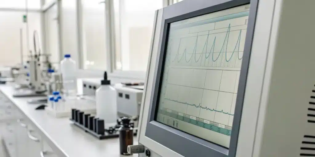 Realistic close-up of chromatography data identifying valencene terpene in an essential oil sample.