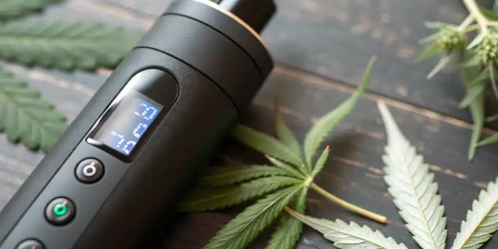Realistic image of a user operating a portable vaporizer outdoors, illustrating how do weed vaporizers work in everyday settings.