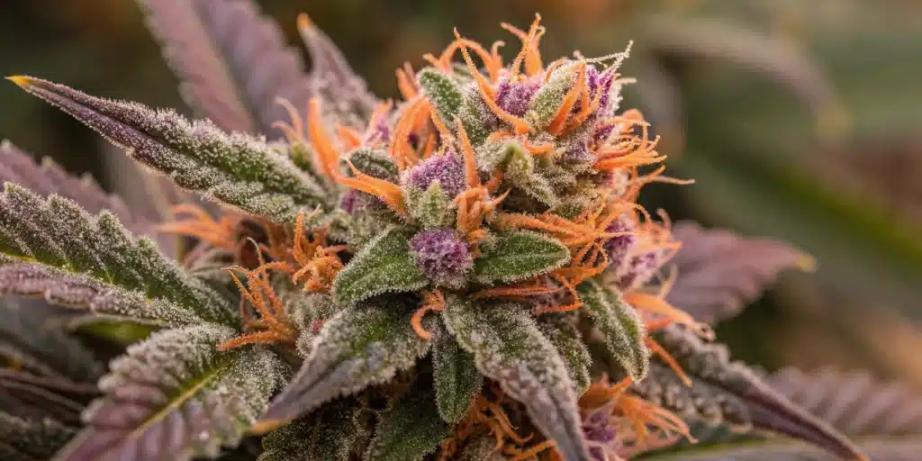 Close-up of Velvet x Cinderella 99 Regular Strain bud showing dense resin, orange pistils, and deep purple hues.