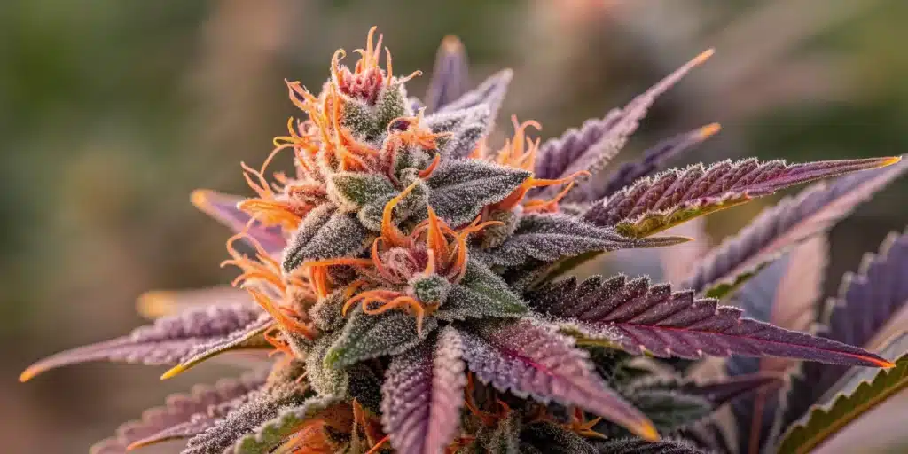 Velvet x Cinderella 99 Regular Strain with vibrant orange hairs and purple sugar leaves coated in trichomes outdoors.