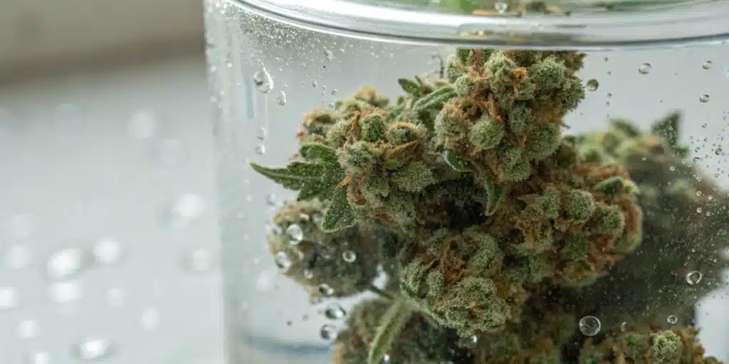 Realistic image of cannabis buds immersed in water during a water cure weed process, highlighting purity and clarity.