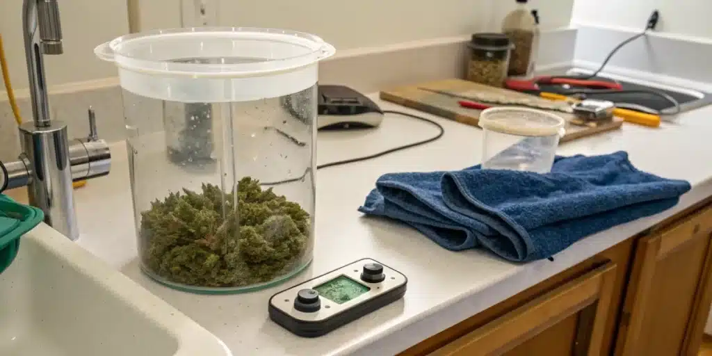 Realistic home setup for water cure weed, featuring a glass container, measuring scale, and drying cloths to ensure a natural curing method.