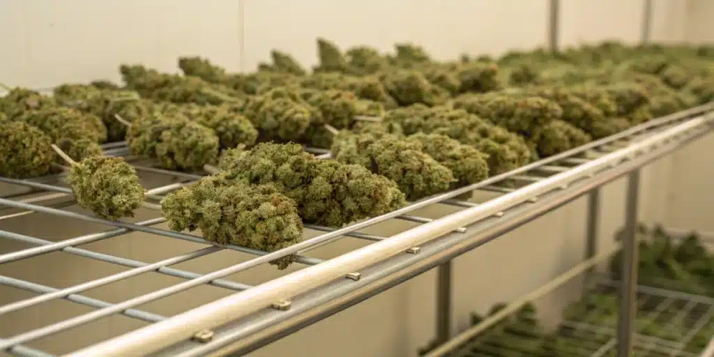 Realistic picture of water-cured cannabis buds on a drying rack, demonstrating the improved smoothness and flavor achieved through the water cure weed technique.