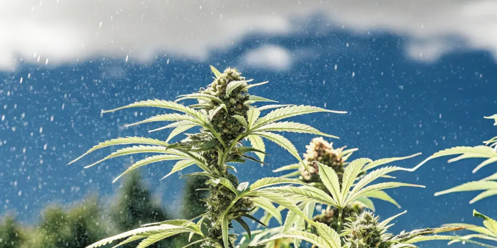 Hyper-realistic close-up of a cannabis plant with dense buds, being sprayed with water under a bright blue sky.