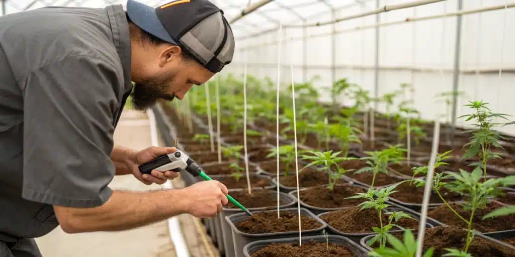 Realistic image of a grower testing soil moisture in an indoor cannabis garden to determine the best time to water.