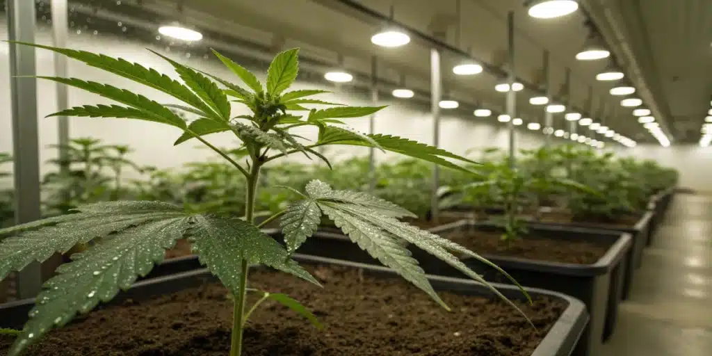 Realistic indoor grow room showing cannabis plants with proper watering and vibrant growth under controlled lighting.
