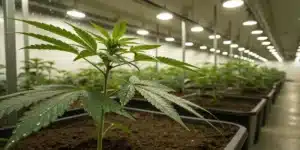 Realistic indoor grow room showing cannabis plants with proper watering and vibrant growth under controlled lighting.