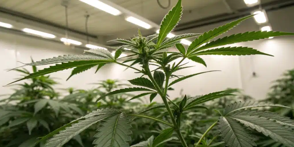 Realistic close-up of cannabis leaves with water droplets indoors, indicating ideal watering times for enhanced growth.