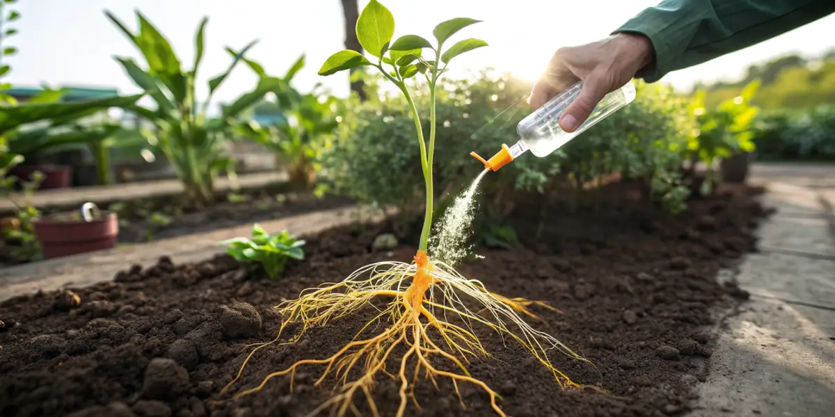 Hyper-realistic illustration of a hand watering a small plant with exposed, healthy orange roots in soil, in a garden.