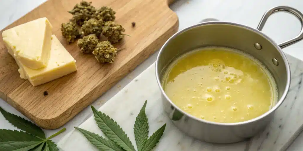 Realistic close-up of cannabis-infused butter in a saucepan and decarboxylated cannabis, capturing a key step in making weed cake.