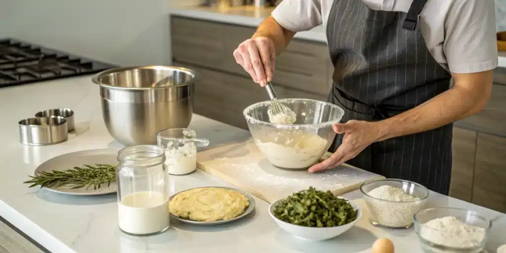 Realistic image of a baker actively mixing cake batter in a modern kitchen, highlighting essential ingredients for making weed cake.
