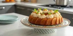 Realistic image showcasing a perfectly baked weed cake on a plate with elegant decoration and vibrant colors.