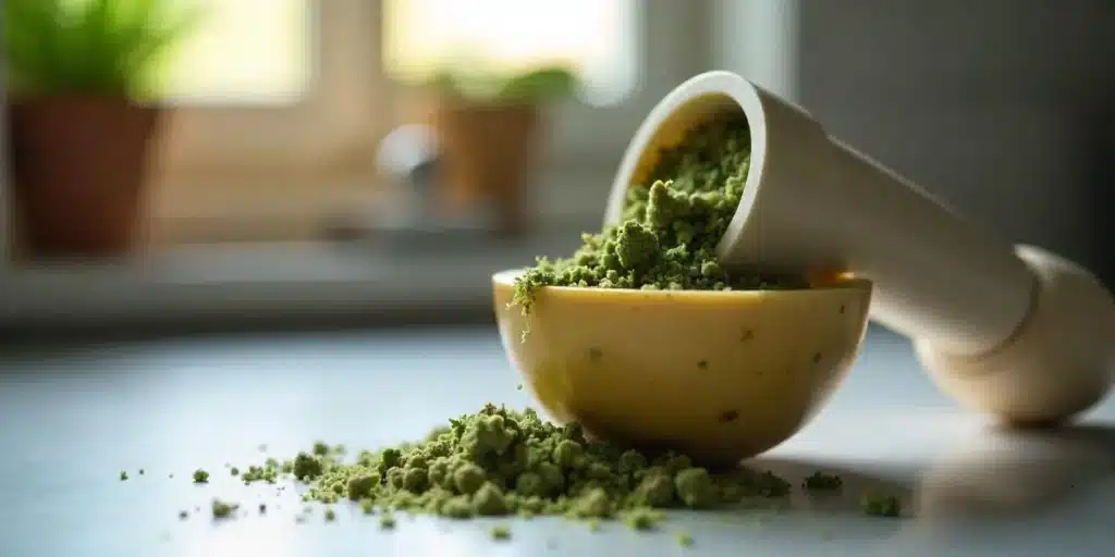 Crumbly green cannabis concentrate spilled from a bowl with pestle.