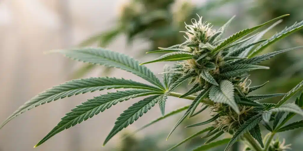 Detailed macro shot of cannabis trichomes and pistils against a soft background, highlighting that weed is a flower from a cultivator’s perspective.