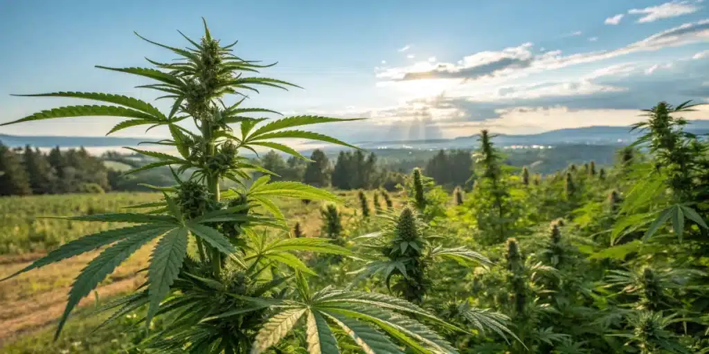 Realistic close-up of a cannabis bud in full bloom with dewdrops, showing that weed is a flower in natural lighting.