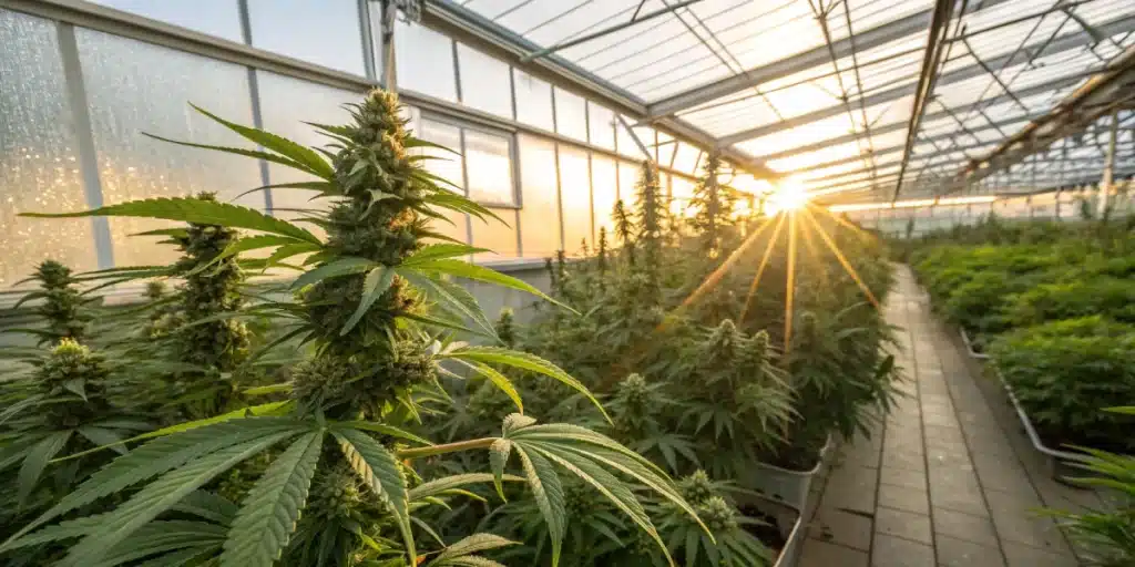 High-resolution scene of a greenhouse with thriving cannabis plants, where sunlight reveals that weed is a flower in every radiant bud.