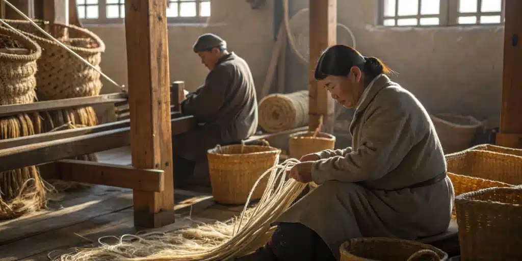 Artisan weaving hemp fibers in North Korea with caption about weed is legal in north korea.