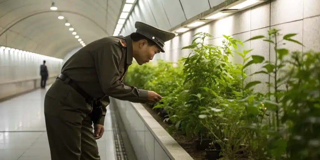 A North Korean officer inspecting cannabis plants, reflecting myths about weed is legal in north korea.