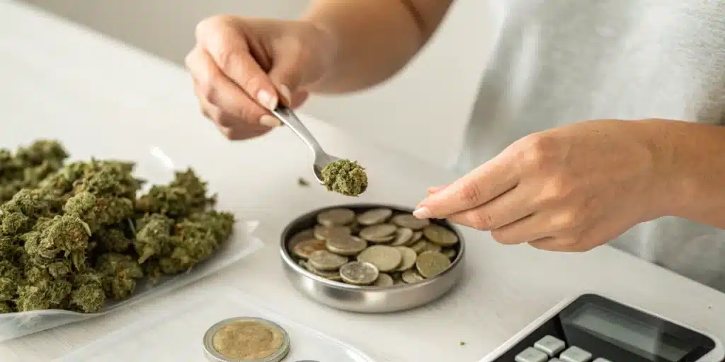 Realistic image of a person using coins and a tablespoon as household references to weigh weed without a scale.