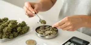 Realistic image of a person using coins and a tablespoon as household references to weigh weed without a scale.