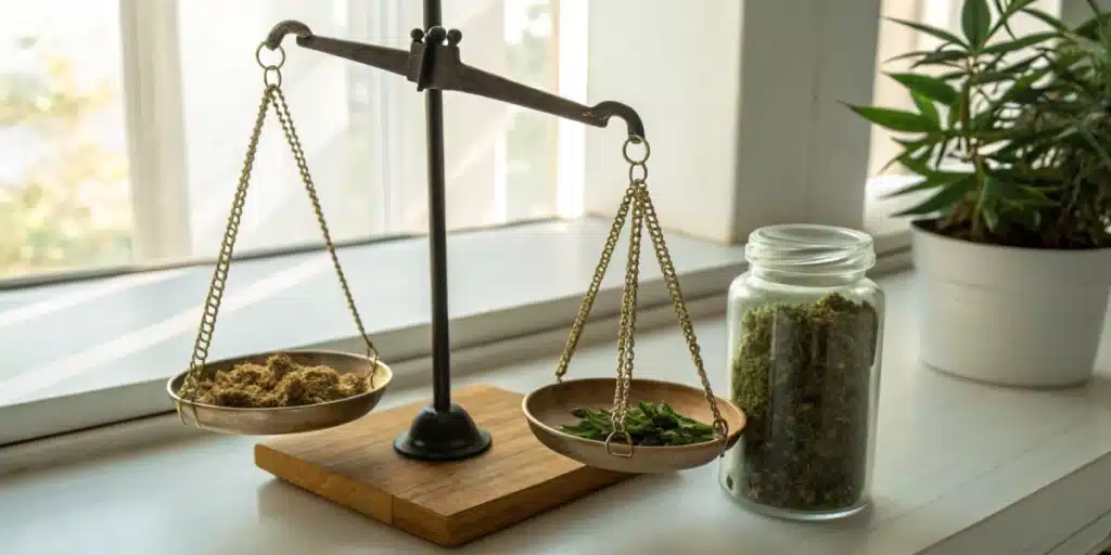 Realistic image of a homemade balance scale crafted from a hanger and containers to measure weed without a digital scale.