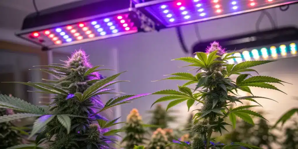 Flowering weed plants under full-spectrum LED grow lights in a home grow room for weed growing indoors tips