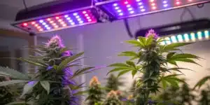 Flowering weed plants under full-spectrum LED grow lights in a home grow room for weed growing indoors tips