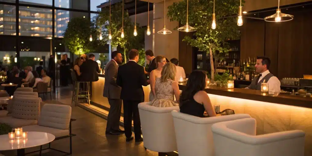 Realistic image of guests enjoying a weed bar at a wedding, illustrating a contemporary, fun cannabis event vibe.