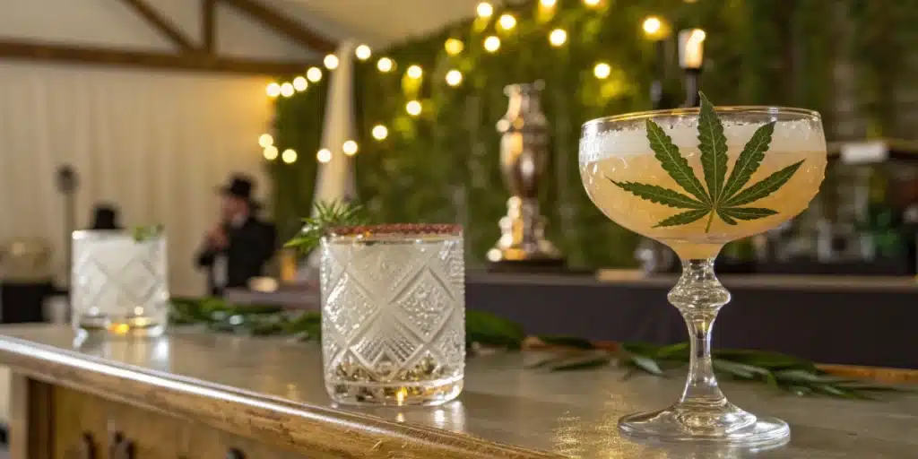 Realistic close-up of a cannabis cocktail and elegant bar elements at a wedding, highlighting creative cannabis infusions.