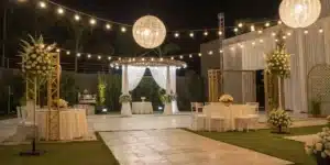 Realistic view of a weed bar at a wedding reception showcasing modern decor and cannabis displays.